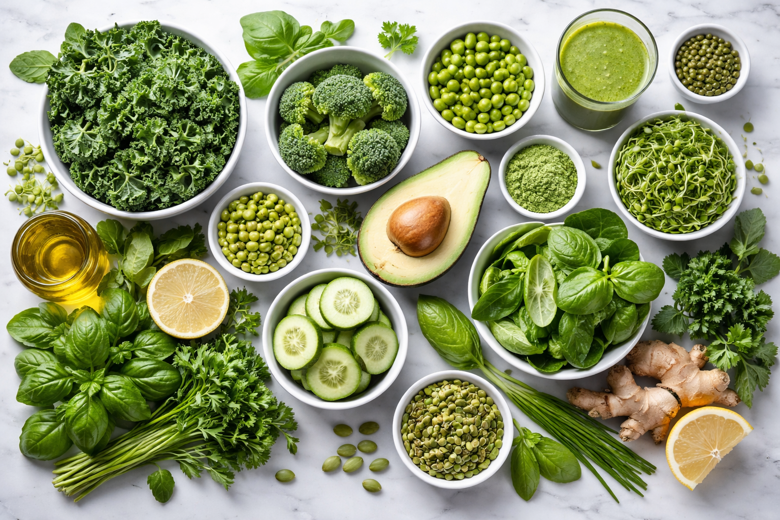 Fresh green healthy superfoods and herbs arranged beautifully on a pristine marble surface, 8k, detailed, no woman